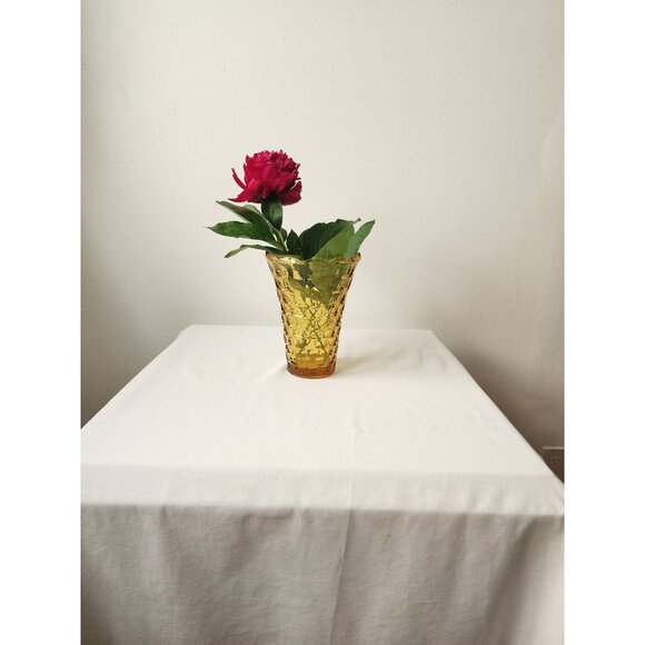 Vtg 60s Mid Century Modern Glass Yellow Amber Vase Textured Honeycomb Pattern - Picture 3 of 13